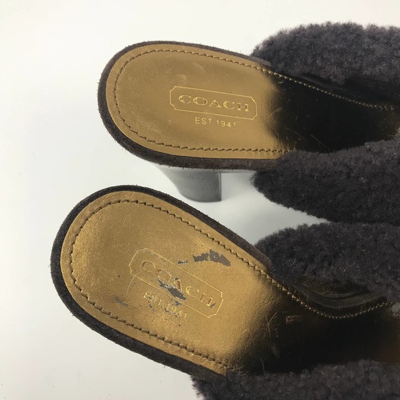 Coach Idyle Brown Suede Shearling Faux Fur Brass Trim Mules Sz 7.5 - Picture 5 of 10